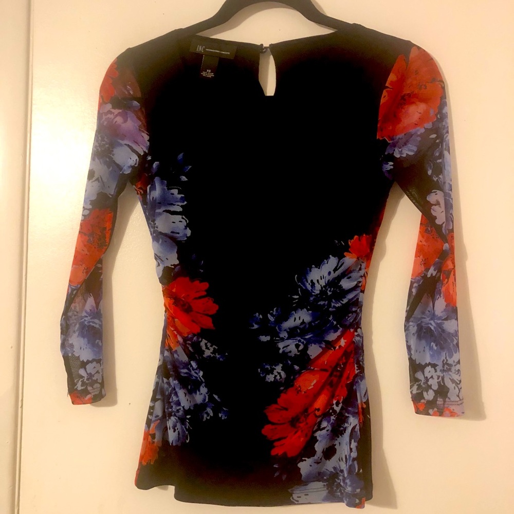INC XS sheer long sleeves,floral top with ruching